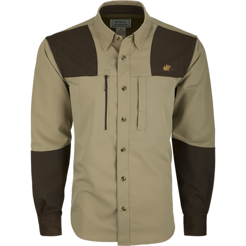 McAlister MST Upland Tech Shirt: Long-sleeved shirt with brown patch, button-up collar, and multiple pockets. Integrated lens cloth included.