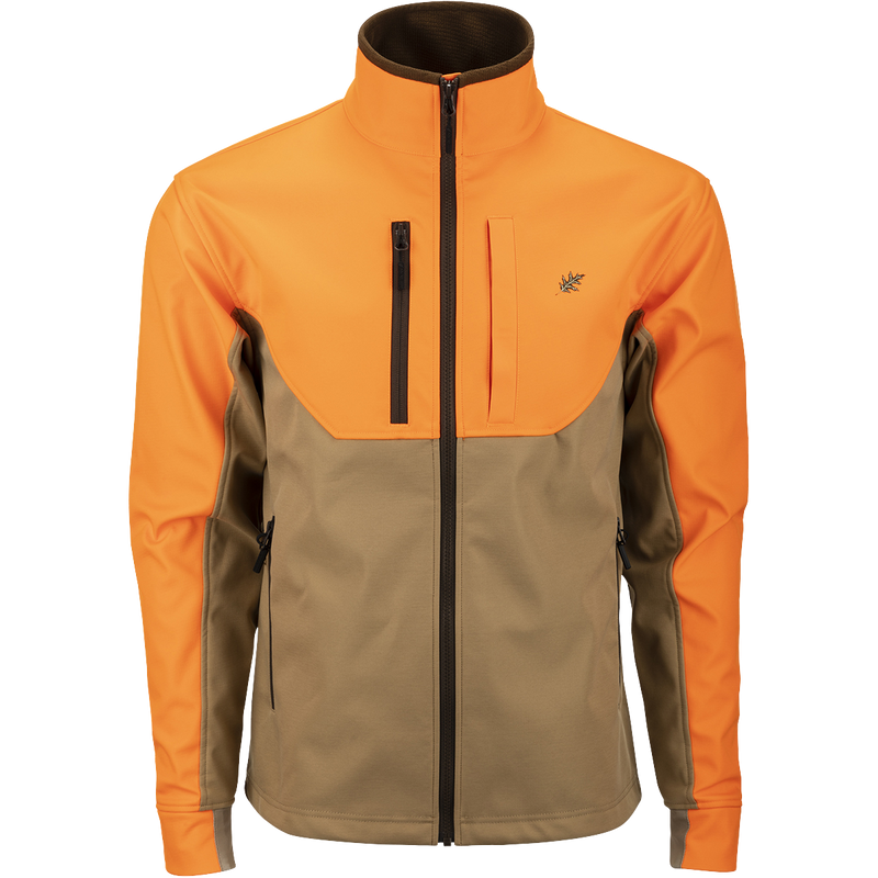 McAlister Upland Tech Softshell jacket with zipper, pockets, vents, and drawcord waist. Made of 100% Polyester Tech Shell and Bonded Grid-Fleece Lining with Windproof Membrane. 4-Way Stretch.