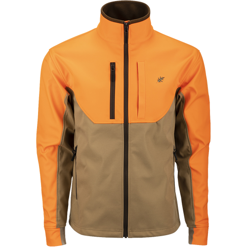 McAlister Upland Tech Softshell jacket with zipper, pockets, vents, and drawcord waist. Made of 100% Polyester Tech Shell and Bonded Grid-Fleece Lining with Windproof Membrane. 4-Way Stretch.