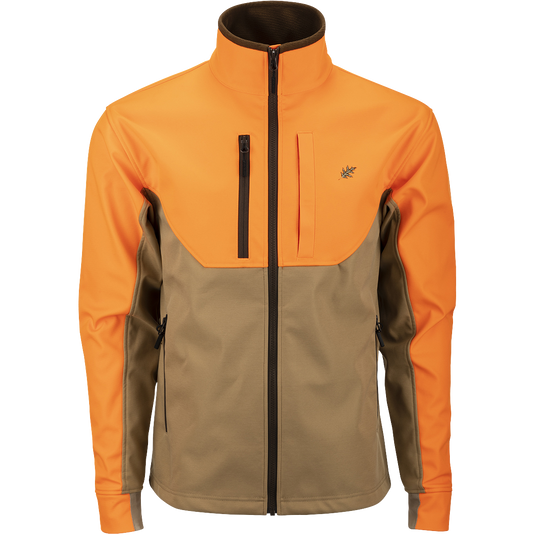 McAlister Upland Tech Softshell jacket with zipper, pockets, vents, and drawcord waist. Made of 100% Polyester Tech Shell and Bonded Grid-Fleece Lining with Windproof Membrane. 4-Way Stretch.