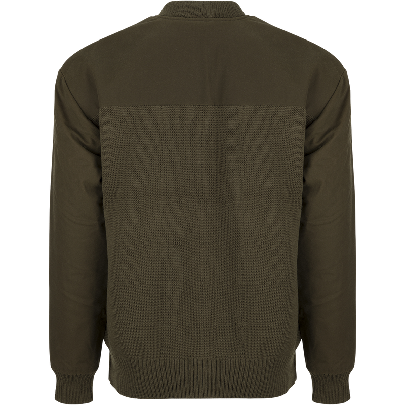 McAlister Waterfowler's Sweater: A wool pullover with rib-knit cuffs and hem. Dry waxed canvas upper body, shoulders, and arms.