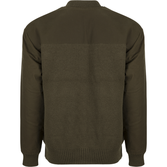 McAlister Waterfowler's Sweater: A wool pullover with rib-knit cuffs and hem. Dry waxed canvas upper body, shoulders, and arms.