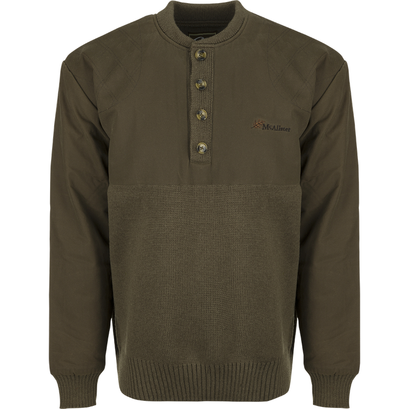 A close-up of the McAlister Waterfowler's Sweater, a green wool pullover with a 4-button quarter placket. Rib-knit cuffs and hem provide a stylish and comfortable fit.