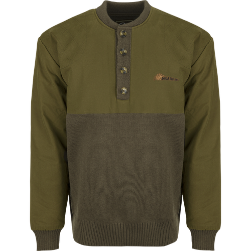 McAlister Waterfowler's Sweater: A wool pullover with a 4-button placket, rib-knit cuffs, and hem. Dry waxed canvas upper body, shoulders, and arms.