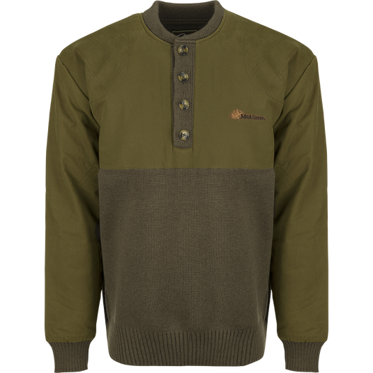 McAlister Waterfowler's Sweater: A wool pullover with a 4-button placket, rib-knit cuffs, and hem. Dry waxed canvas upper body, shoulders, and arms.