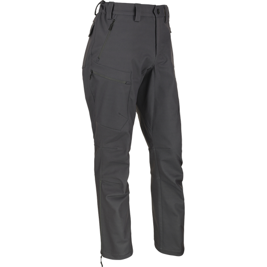 McAlister Microfleece Softshell Waterfowler's Pants: Wind-resistant pants with elastic waist, silicone grip, 4-way stretch, gusseted crotch, side zips, articulated knees, and multiple zippered pockets.