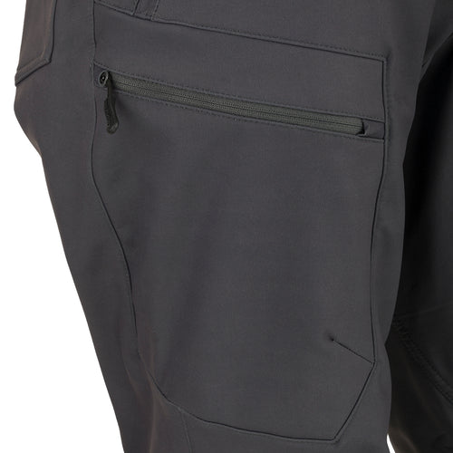 McAlister Microfleece Softshell Waterfowler's Pants: Close-up of pocket with zipper in black fabric. Versatile pants with comfortable fit, 4-way stretch, and zippered pockets.