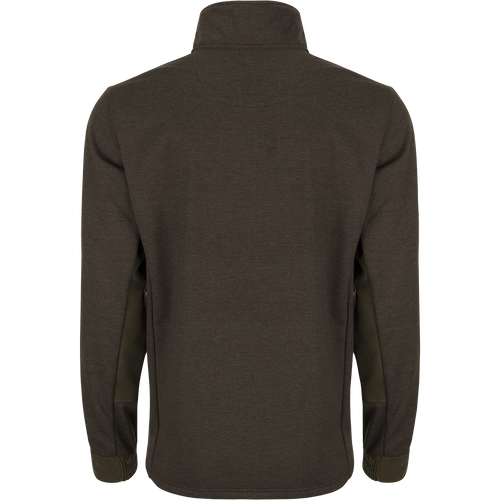 A back view of the McAlister Heritage Hybrid Windproof Jacket, featuring a cotton/polyester shell and polyester fleece lining. Includes a waxed cotton left chest pocket and zippered slash pockets for convenient storage. Perfect for outdoor activities.
