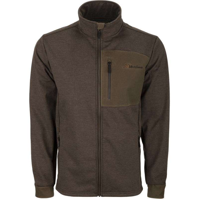 McAlister Heritage Hybrid Windproof Jacket: A durable, lightweight jacket with a cotton/polyester shell and polyester fleece lining. Features include a waxed cotton left chest pocket and zippered slash pockets for convenient storage. Perfect for outdoor activities.