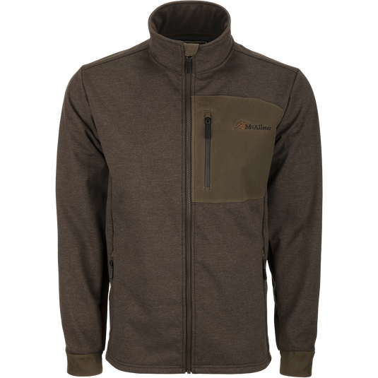 McAlister Heritage Hybrid Windproof Jacket: A durable, lightweight jacket with a cotton/polyester shell and polyester fleece lining. Features include a waxed cotton left chest pocket and zippered slash pockets for convenient storage. Perfect for outdoor activities.