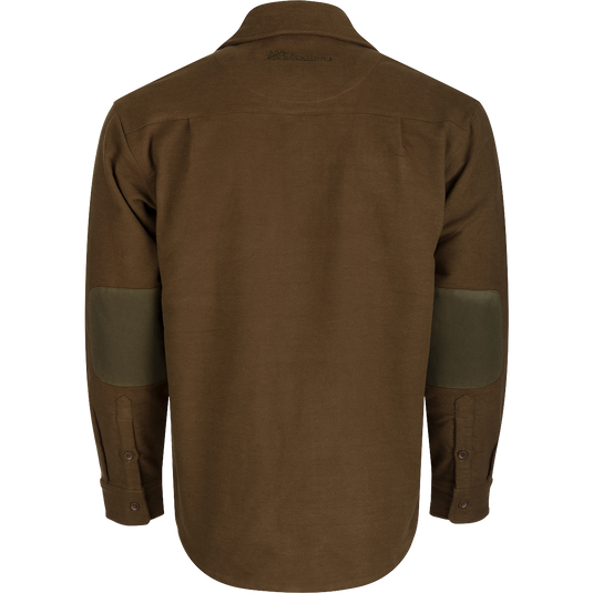 McAlister Windproof Moleskin Jac-Shirt: Brown shirt with patches, oversized fit, 4-way stretch, and two pockets. Stay warm and protected.