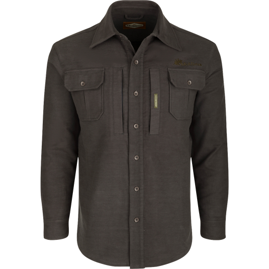 McAlister Windproof Moleskin Jac-Shirt: Long-sleeved shirt with pockets, collared design, and button details. Offers windproof protection and 4-way stretch for unrestricted movement.