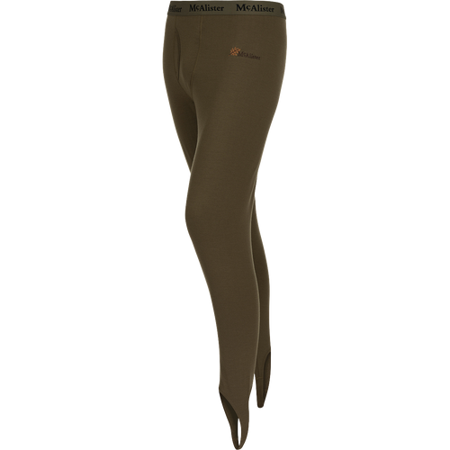 McAlister Merino Base Layer Pant, a pair of pants with foot stirrups for layering comfort.