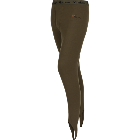 McAlister Merino Base Layer Pant, a pair of pants with foot stirrups for layering comfort.