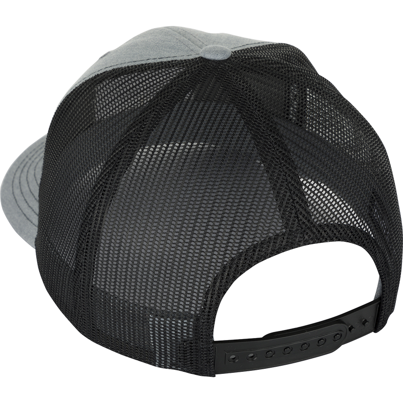 Ol' Tom Mesh Back Patch Cap with prominent logo patch on a black and grey hat. Classic trucker style with structured front panels and adjustable snapback.