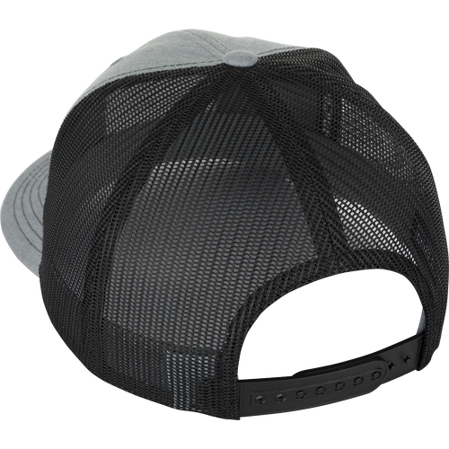 Ol' Tom Mesh Back Patch Cap with prominent logo patch on a black and grey hat. Classic trucker style with structured front panels and adjustable snapback.