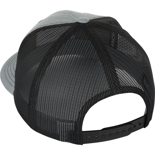 Ol' Tom Mesh Back Patch Cap with prominent logo patch on a black and grey hat. Classic trucker style with structured front panels and adjustable snapback.