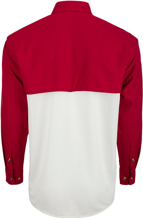 A lightweight, moisture-wicking Alabama L/S Mesh Back Flyweight Shirt with vented mesh back and chest pockets. Perfect for warm-weather outdoor activities.