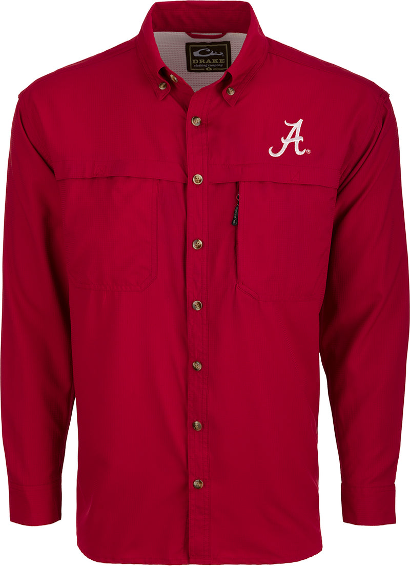 Alabama L/S Mesh Back Flyweight Shirt, a red button-up with a white letter. Lightweight, breathable, and moisture-wicking for warm-weather outdoor activities.