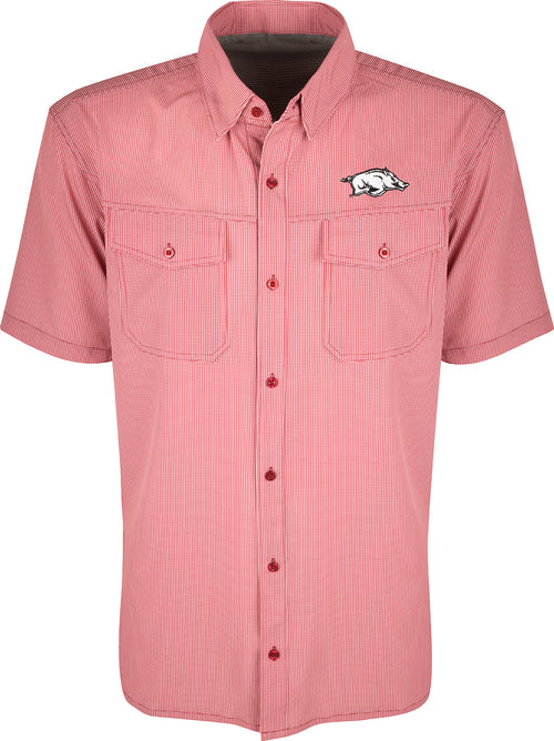 Arkansas S/S Traveler's Shirt: A lightweight, breathable plaid shirt with four-way stretch for freedom of movement. Features moisture-wicking fabric and two chest pockets with button flaps. Ideal for early season baseball games and weekend tailgates.