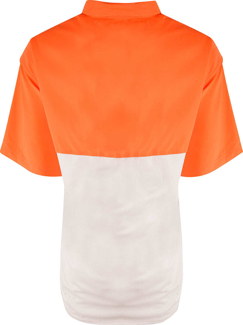 Auburn S/S Mesh Back Flyweight Shirt - Lightweight, breathable shirt for warm-weather outdoor activities. Quick-drying, moisture-wicking fabric with vented mesh back. Horizontal chest pockets with velcro closures. Auburn logo embroidered on left chest.