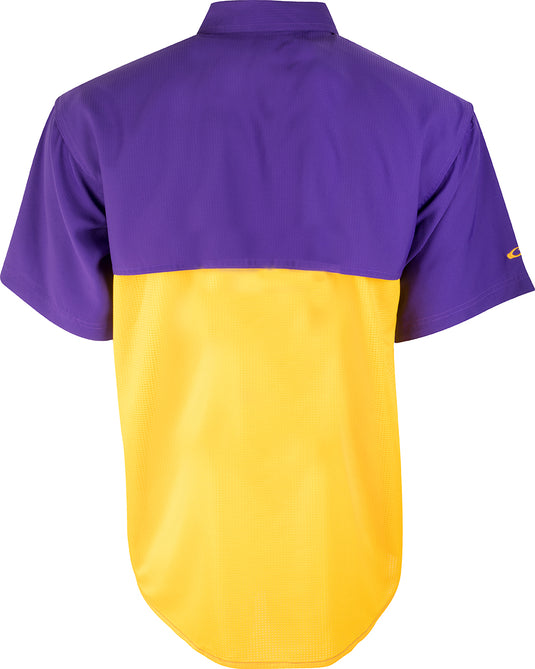 LSU S/S Mesh Back Flyweight Shirt, a lightweight and breathable active shirt made of 100% polyester. Quick-drying and moisture-wicking, with a vented mesh back and chest pockets. Perfect for warm-weather outdoor activities.