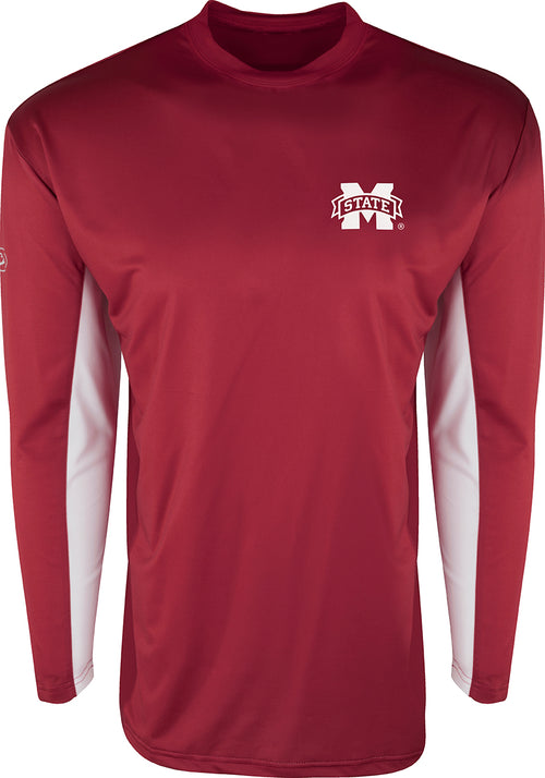 A red long-sleeved performance crew shirt with a logo on it. Provides all-day sun protection and comfort with breathable mesh on the back and underarms. Engineered with Shield 4™ technology for all-around protection. Made with polyester/spandex blend and polyester mesh fabric. Final sale item from Purewhitelaneshop store.