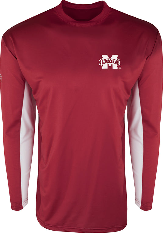 A red long-sleeved performance crew shirt with a logo on it. Provides all-day sun protection and comfort with breathable mesh on the back and underarms. Engineered with Shield 4™ technology for all-around protection. Made with polyester/spandex blend and polyester mesh fabric. Final sale item from Purewhitelaneshop store.