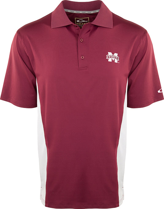 A maroon and white polo shirt with mesh side panels, featuring the official Miss. State logo on the left chest. Made with moisture-wicking fabric and four-way stretch for optimal comfort. Perfect for active Razorback fans.