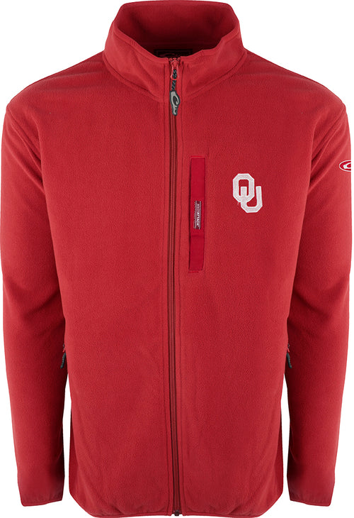 Oklahoma Full Zip Camp Fleece jacket featuring a white embroidered logo, designed for midweight layering with anti-pill fabric and moisture-wicking properties.