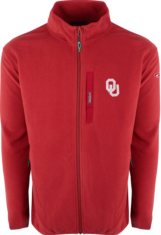 Oklahoma Full Zip Camp Fleece jacket featuring a white embroidered logo, designed for midweight layering with anti-pill fabric and moisture-wicking properties.