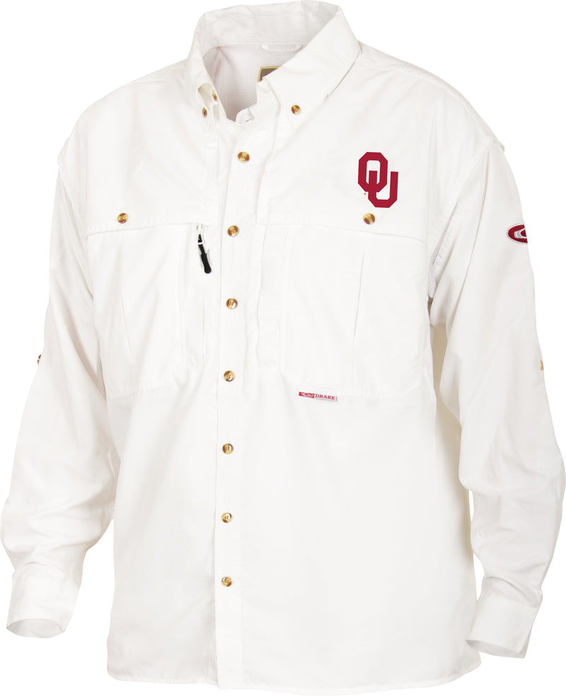 Oklahoma Cotton Wingshooter's Shirt Long Sleeve with team logo, featuring StayCool™ fabric, button-down collar, and large chest pockets, ideal for hunting or casual wear.