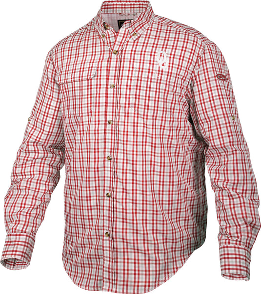 Oklahoma Gingham Plaid Wingshooter's Shirt Long Sleeve featuring a red and white plaid pattern, vented mesh back, and large chest pockets, ideal for outdoor activities.