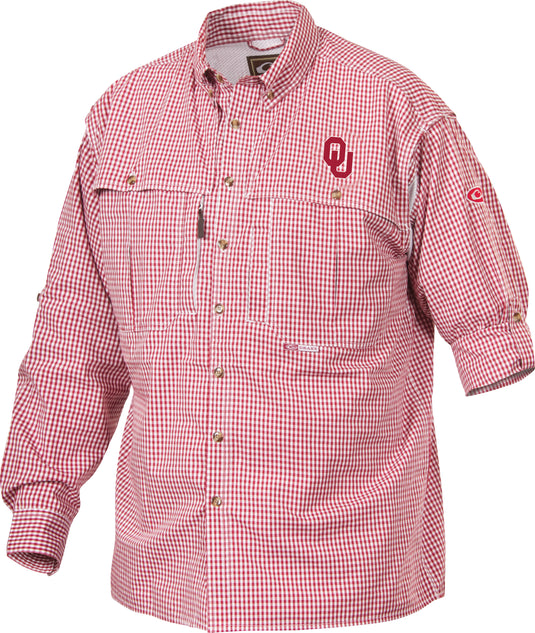 Oklahoma Plaid Wingshooter's Shirt Long Sleeve with University of Oklahoma logo, featuring roll-up tabs and ventilation, ideal for outdoor activities.