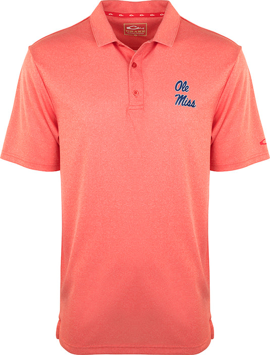 A red shirt with a logo on the left chest, featuring the official Ole Miss logo. Made of 100% polyester with a vintage heather finish. Four-way stretch, quick-drying, moisture-wicking, and breathable. Perfect for Land sharks fans.
