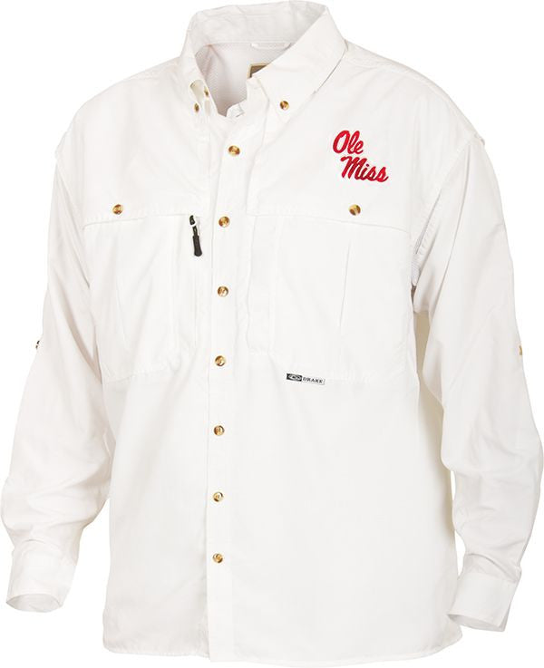 Ole Miss Wingshooter's Shirt Long Sleeve: A white shirt with a logo, featuring a seven-button design, front and back ventilation, and multiple chest pockets. Breathable, cool, and quick-drying, it's perfect for Game Day. Made with 100% polyester twill fabric and poly-mesh lining in vented areas. Wrinkle-resistant EasyCare™ fabric. From Purewhitelaneshop, a store known for high-quality hunting gear and clothing.