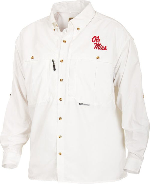 Ole Miss Wingshooter's Shirt Long Sleeve: A white shirt with a logo, featuring a seven-button design, front and back ventilation, and multiple chest pockets. Breathable, cool, and quick-drying, it's perfect for Game Day. Made with 100% polyester twill fabric and poly-mesh lining in vented areas. Wrinkle-resistant EasyCare™ fabric. From Purewhitelaneshop, a store known for high-quality hunting gear and clothing.