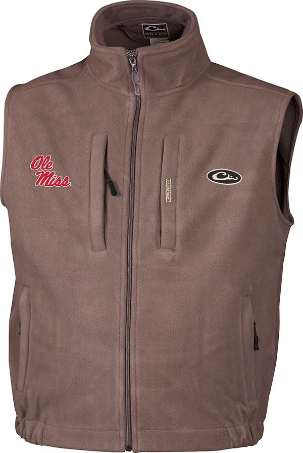 Ole Miss Windproof Layering Vest: Brown vest with logo embroidery on right chest. Windproof, water resistant ultra-warm fleece. Stand-up collar, zippered pocket on chest, call pocket, and handwarmer pockets. High quality hunting gear from Purewhitelaneshop.