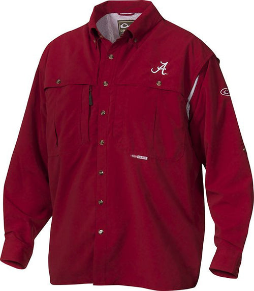 Alabama Cotton Wingshooter's Shirt L/S featuring a button-down collar, team logo embroidery, and multiple pockets, designed for comfort and function.