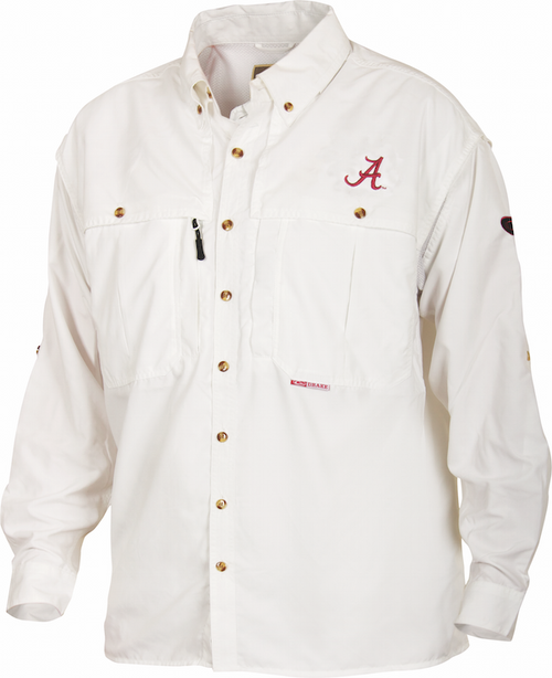 Alabama Cotton Wingshooter's Shirt L/S features a button-up front, button-down collar, and embroidered team logo, ideal for game day or office wear.