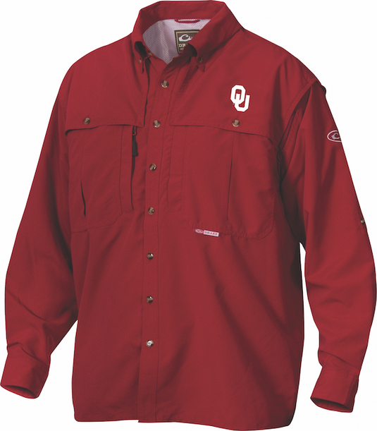 Oklahoma Cotton Wingshooter's Shirt Long Sleeve with button-down collar, team logo embroidery, and multiple pockets, featuring StayCool™ fabric for breathability and comfort.