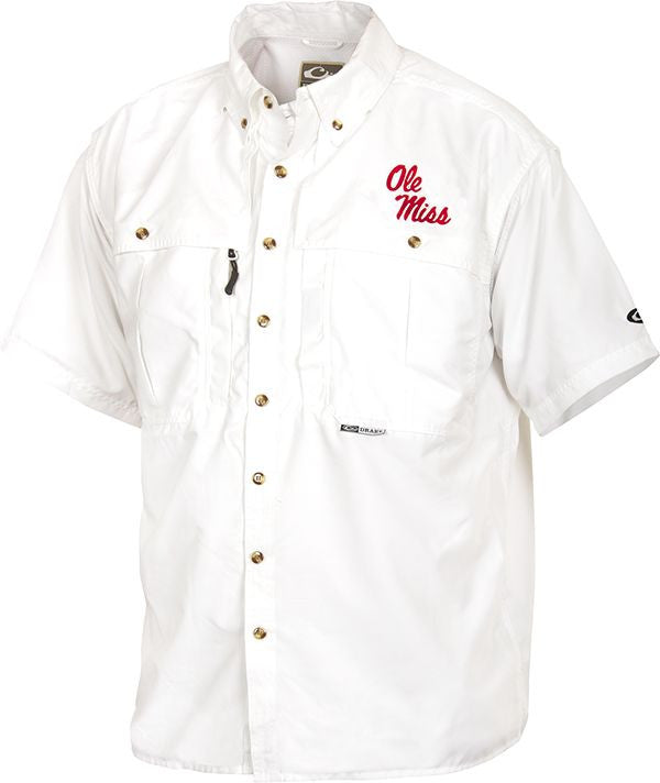 Ole Miss Wingshooter's Shirt Short Sleeve: A white shirt with a logo, perfect for Game Day. Breathable, cool, and quick-drying. Features front and back ventilation, oversized chest pockets, and a Magnattach™ pocket. Made with 100% Polyester twill fabric and 100% Poly-mesh lining in vented areas. From Purewhitelaneshop, a store known for high-quality hunting gear and clothing.