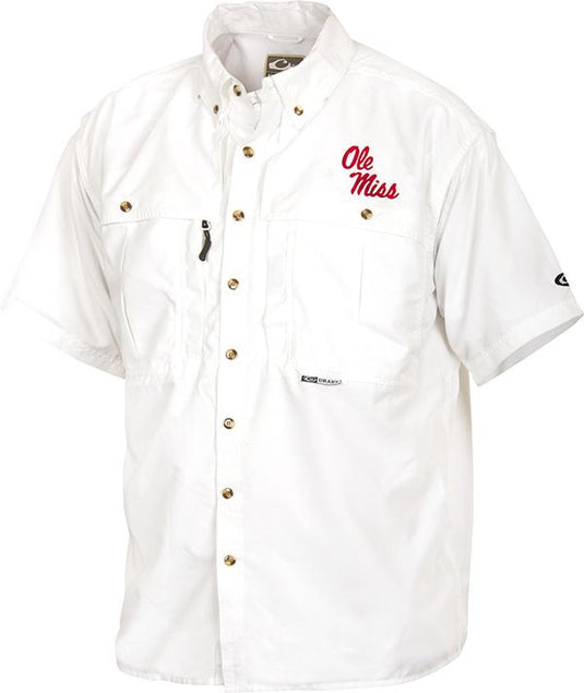 Ole Miss Wingshooter's Shirt Short Sleeve: A white shirt with a logo, perfect for Game Day. Breathable, cool, and quick-drying. Features front and back ventilation, oversized chest pockets, and a Magnattach™ pocket. Made with 100% Polyester twill fabric and 100% Poly-mesh lining in vented areas. From Purewhitelaneshop, a store known for high-quality hunting gear and clothing.