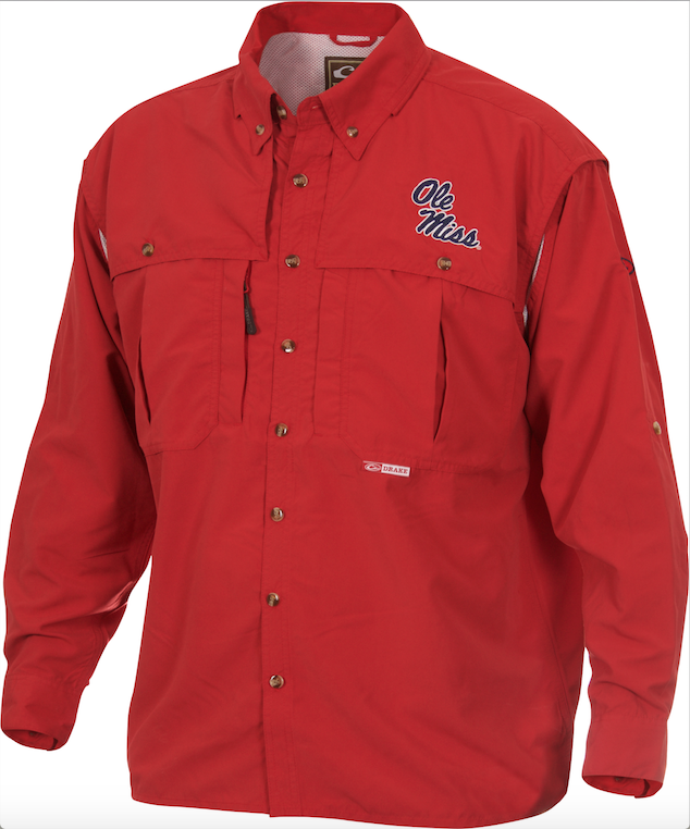 Ole Miss Wingshooter's Shirt Long Sleeve - A red shirt with a logo, perfect for Game Day. Breathable, cool, and quick-drying. Features front and back ventilation, oversized chest pockets, and a vertical zippered pocket. Made with 100% polyester twill fabric and poly-mesh lining in vented areas. Magnattach pocket on the left chest. From Purewhitelaneshop, known for high-quality hunting gear and clothing.