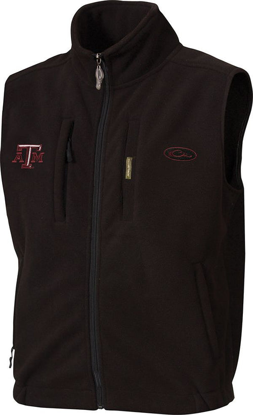 Texas A&M Windproof Layering Vest with logo embroidery on right chest. Black vest with zipper, stand-up collar, and multiple pockets.